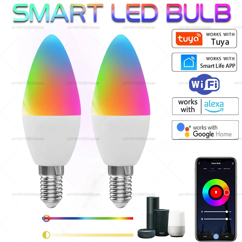 Tuya WiFi Smart Bulb Dimmable Led Light 16 Million RGBCW 85-26V Colors E14 E12 Candle Lamp Voice Control Alexa Google Home
Tuya WiFi Smart Bulb Dimmable Led Light 16 Million RGBCW 85-26V Colors E14 E12 Candle Lamp Voice Control Alexa Google Home