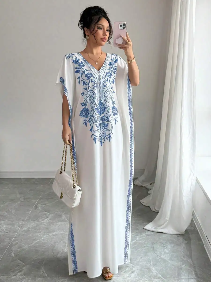 Womens Modest Blue Floral Embroidered Maxi Kaftan Dress Deep V Neck Batwing Sleeves Side Split
Womens Modest Blue Floral Embroidered Maxi Kaftan Dress Deep V Neck Batwing Sleeves Side Split