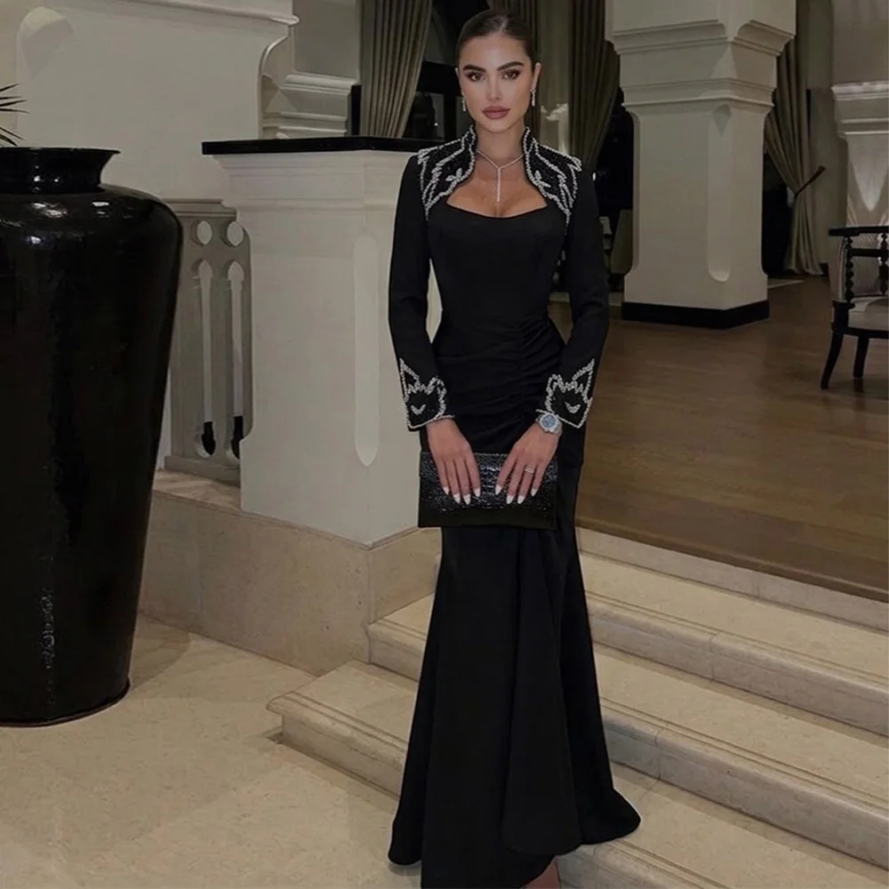 Temperament Scalloped Long Sleeves Evening Dresses Customized Black Mermaid Celebrity Gowns Delicate Crystal Party Dress
Temperament Scalloped Long Sleeves Evening Dresses Customized Black Mermaid Celebrity Gowns Delicate Crystal Party Dress