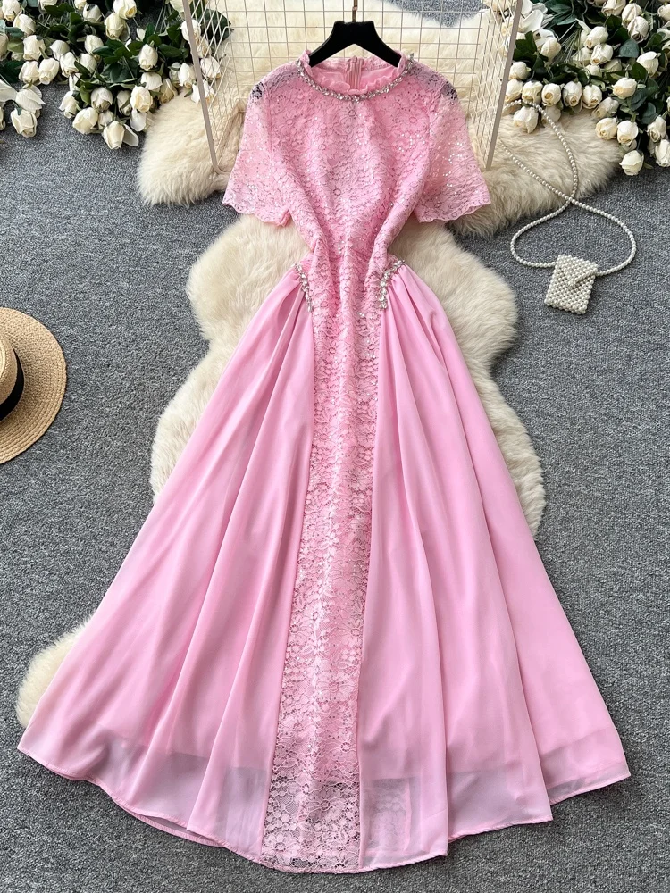 Elegant High Waist A-Line Dress Women Summer Short Sleeve Embroidered Lace Slimming Long Dress French Style Polyester Fiber
Elegant High Waist A-Line Dress Women Summer Short Sleeve Embroidered Lace Slimming Long Dress French Style Polyester Fiber