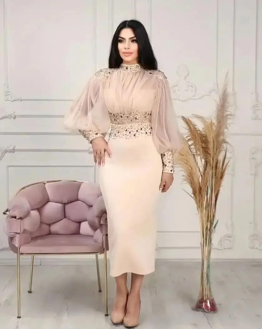 Arabia Luxury Champagne Sheer Puff-Sleeve Evening Dresses High-Neck Beaded Waist Midi Gown For Gala Party Dresses
Arabia Luxury Champagne Sheer Puff-Sleeve Evening Dresses High-Neck Beaded Waist Midi Gown For Gala Party Dresses