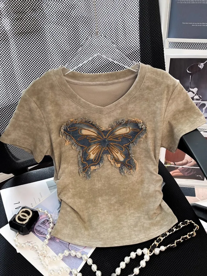 Плиссированные тонкие футболки с круглым вырезом в винтажном американском стиле Y2k, эстетические летние топы с принтом тай-дай, женские футболки с вышивкой и бабочкой в стиле пэчворк
Плиссированные тонкие футболки с круглым вырезом в винтажном американском стиле Y2k, эстетические летние топы с принтом тай-дай, женские футболки с вышивкой и бабочкой в стиле пэчворк