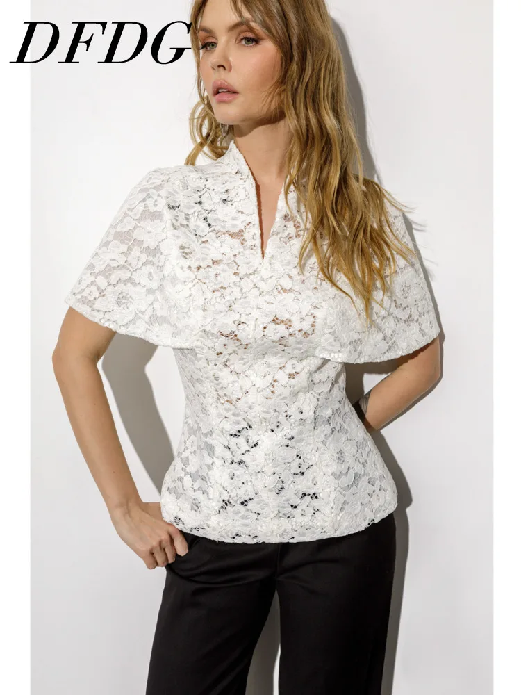 DFDG Women 2026 Spring Summer Lace Capelet Blouse Stand Collar V Neck Slim Fit Elegant Formal Party Commute Fashion Tops
DFDG Women 2026 Spring Summer Lace Capelet Blouse Stand Collar V Neck Slim Fit Elegant Formal Party Commute Fashion Tops