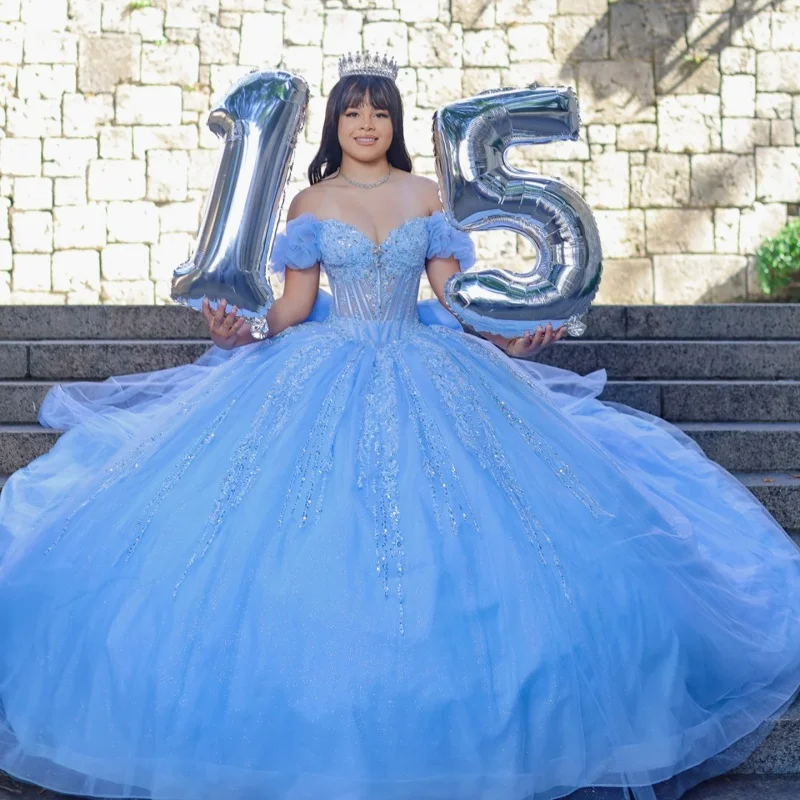 Simple Light Blue Quinceanera Dress off-shoulder Glitter Decal Long tail Big Bow vestidos de 15 Quinceanera Customize
Simple Light Blue Quinceanera Dress off-shoulder Glitter Decal Long tail Big Bow vestidos de 15 Quinceanera Customize