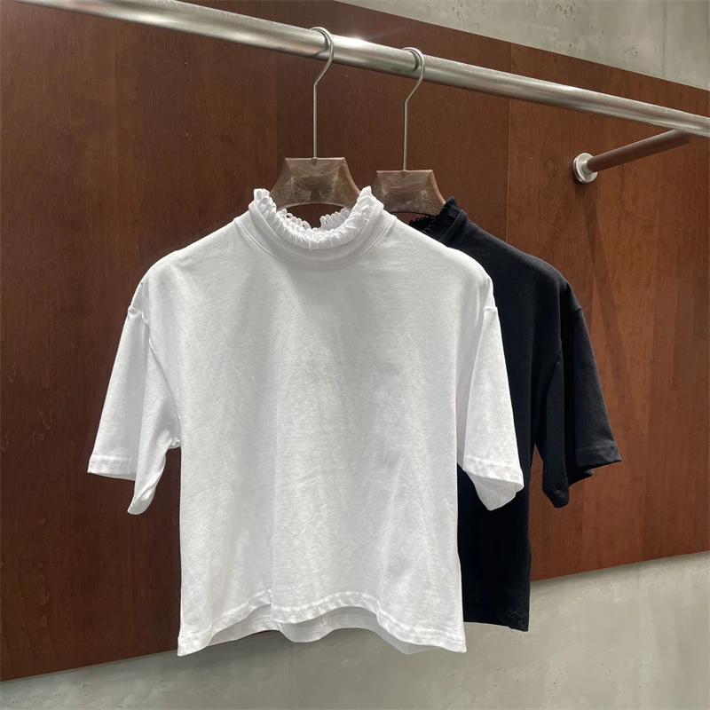 New Summer Women's Stand Collar Lace Short Sleeve T-Shirt, High Quality, Fashionable, Loose Fit, Casual, Heavyweight 3D Top
New Summer Women's Stand Collar Lace Short Sleeve T-Shirt, High Quality, Fashionable, Loose Fit, Casual, Heavyweight 3D Top