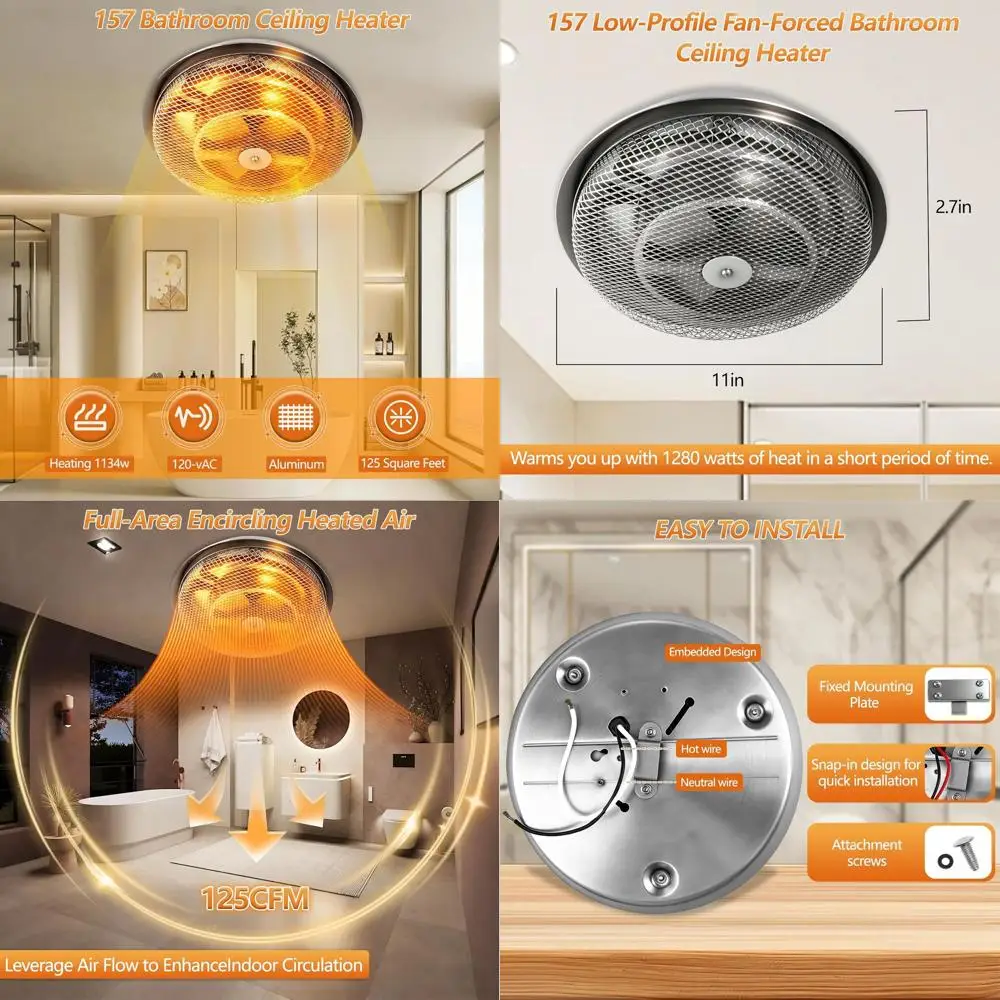 120V 1134W Low-Profile Ceiling Heater with Overheat Protection for Bathrooms and Kitchens
120V 1134W Low-Profile Ceiling Heater with Overheat Protection for Bathrooms and Kitchens