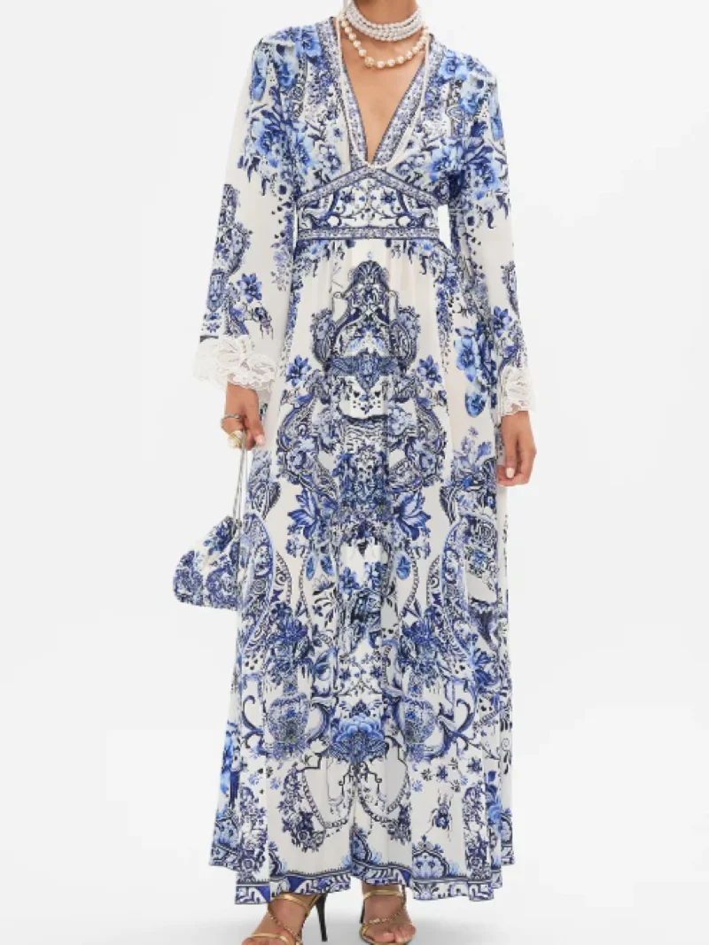 Women's Blue Printed Robe Lace Embroidery Spliced Long Sleeve V-Neck Elegant Silk Maxi Dress
Women's Blue Printed Robe Lace Embroidery Spliced Long Sleeve V-Neck Elegant Silk Maxi Dress