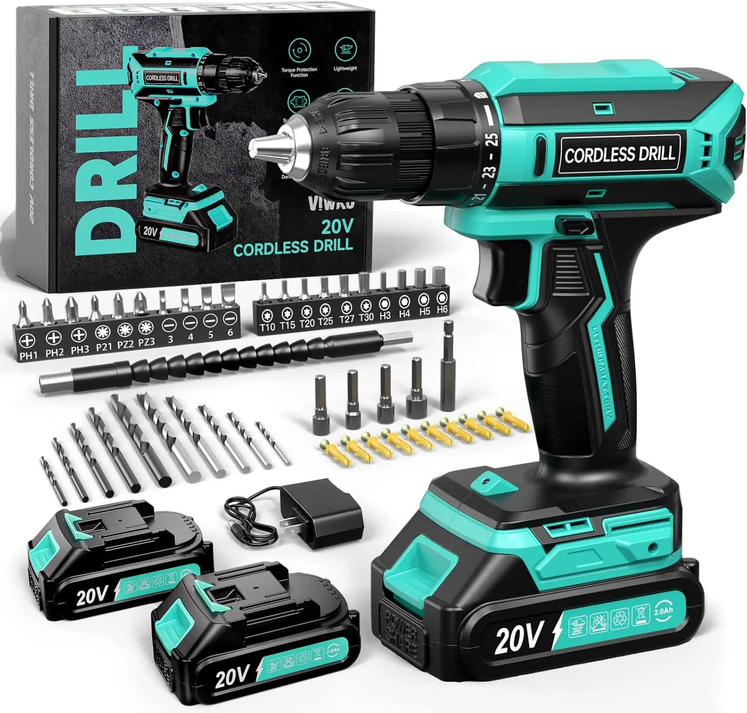 Cordless Drill, 20V MAX Power Drill Set with 2 Batteries & Charger, 3/8 Inch Keyless Chuck, Variable Speed, 25+1 Position and
Cordless Drill, 20V MAX Power Drill Set with 2 Batteries & Charger, 3/8 Inch Keyless Chuck, Variable Speed, 25+1 Position and