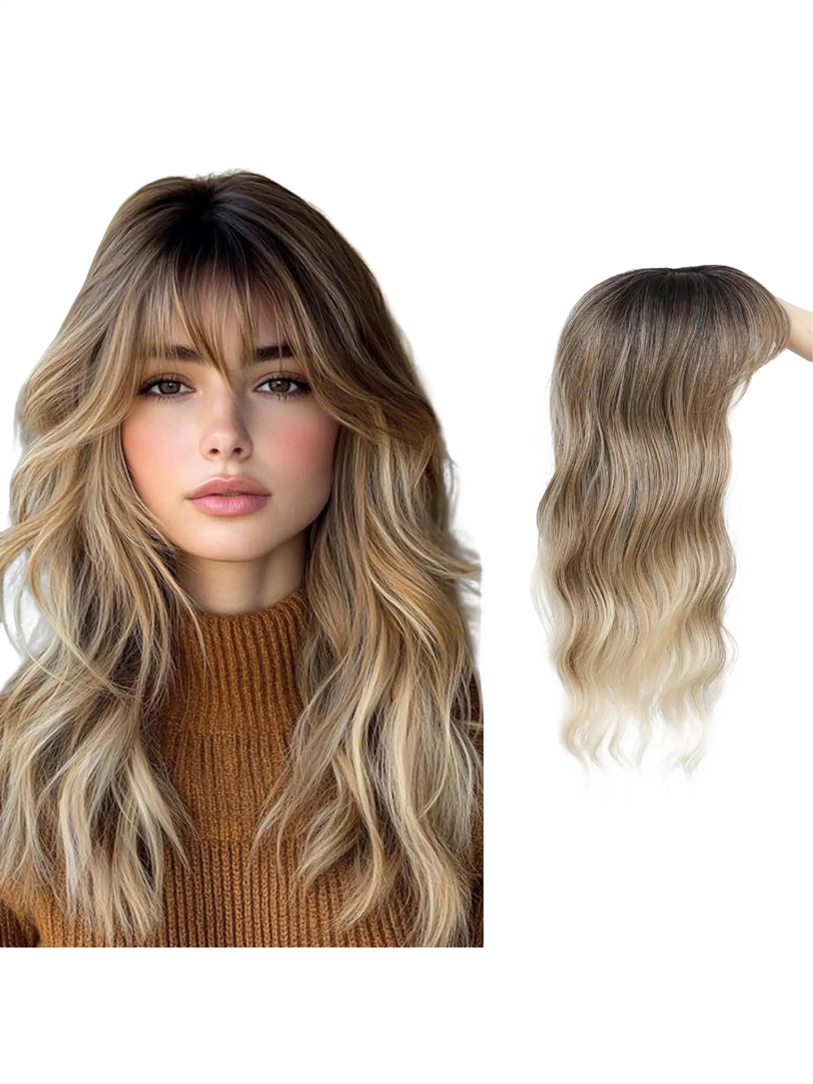 Synthetic European and American women's top-of-head hairpiece with wavy long curly hair, made of synthetic fibers
Synthetic European and American women's top-of-head hairpiece with wavy long curly hair, made of synthetic fibers