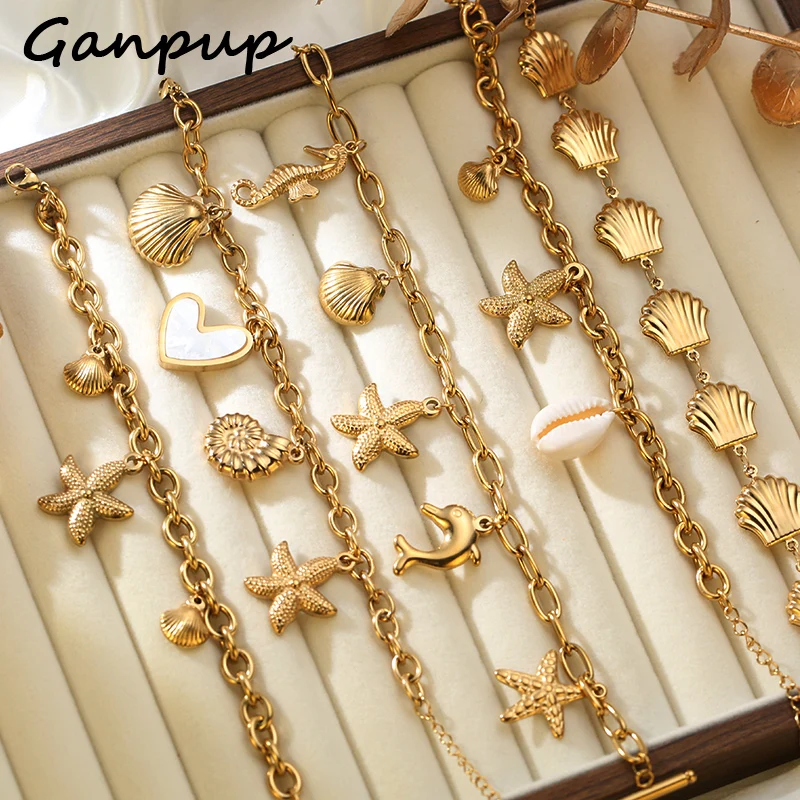 GANPUP 316L Stainless Steel Gold Color Starfish Shells Charms Bracelet Bangle for Women Luxury Ocean Style Waterproof Jewelry
GANPUP 316L Stainless Steel Gold Color Starfish Shells Charms Bracelet Bangle for Women Luxury Ocean Style Waterproof Jewelry