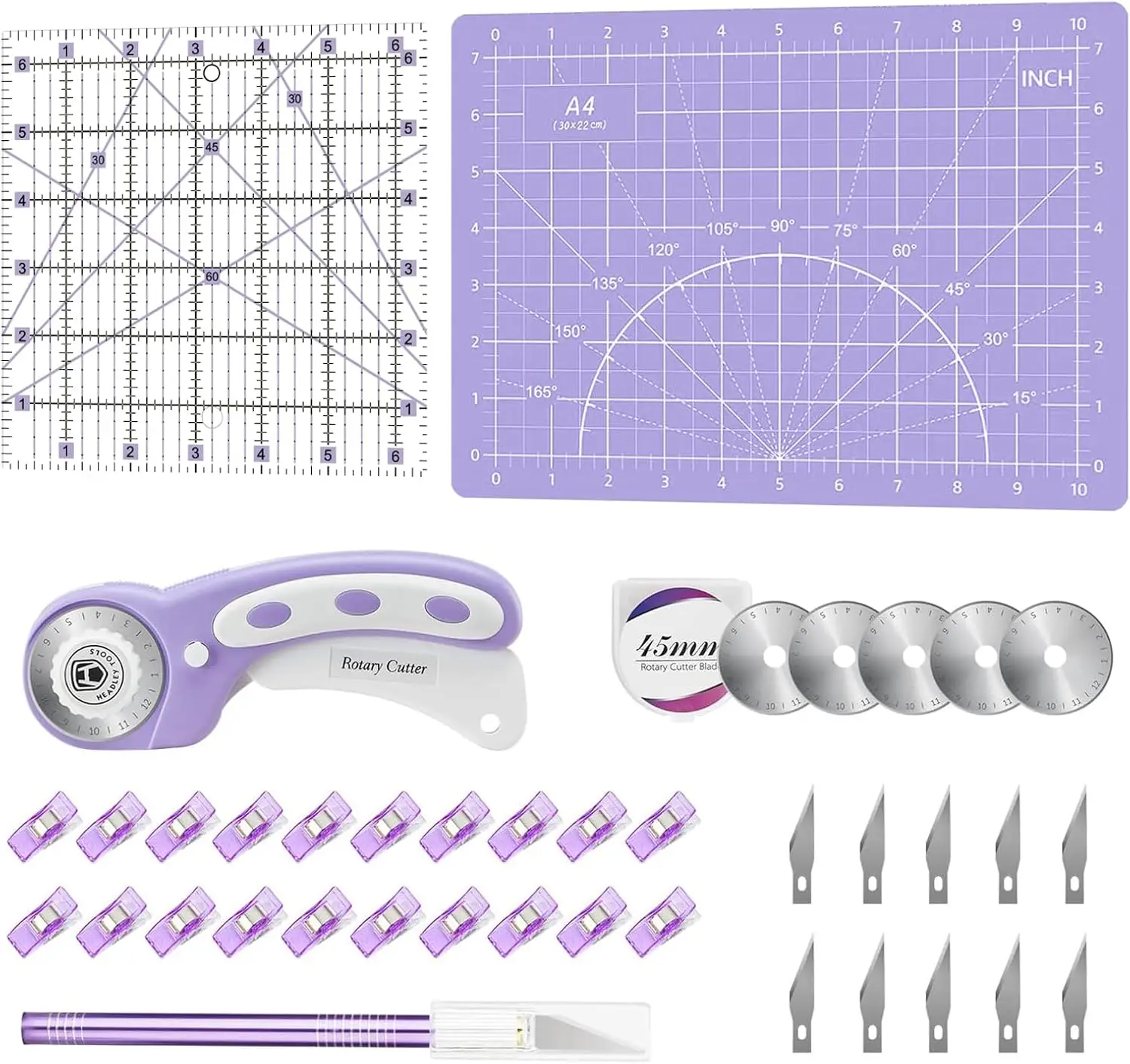 Headley Tools 39 Pcs Rotary Cutter Set - Quilting Kit incl. 45mm Fabric Cutter with 5 Extra Blades, A4 Cutting Mat, 2 Craft Knife Set, Sewing Clips, Ideal for Crafting, Sewing, Patchworking Purple
Headley Tools 39 Pcs Rotary Cutter Set - Quilting Kit incl. 45mm Fabric Cutter with 5 Extra Blades, A4 Cutting Mat, 2 Craft Knife Set, Sewing Clips, Ideal for Crafting, Sewing, Patchworking Purple