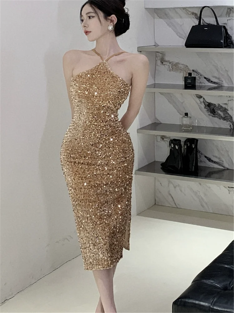 Sexy Hot Blingbling Stunning Party Dress Women Chic Black Gold Sequined Halter Pencil Midi Dress Sleeveless Tight Bodycon Dress
Sexy Hot Blingbling Stunning Party Dress Women Chic Black Gold Sequined Halter Pencil Midi Dress Sleeveless Tight Bodycon Dress