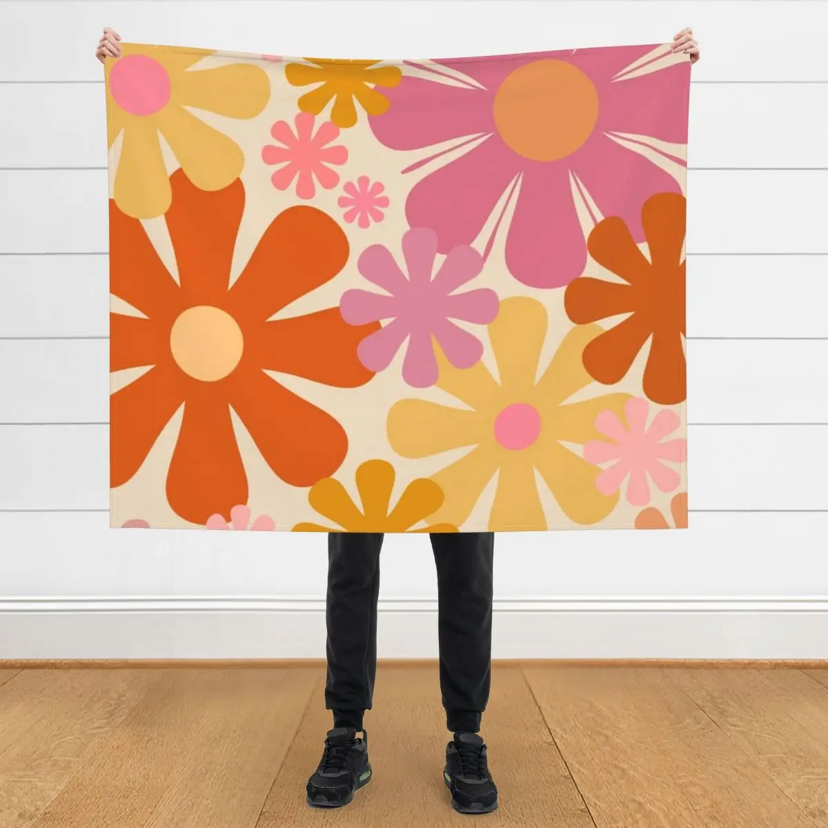 Retro 60s 70s Flowers - Vintage Style Floral Pattern in Thulian Pink, Orange, Mustard, and Cream Throw Blanket Heavy Blankets 
Retro 60s 70s Flowers - Vintage Style Floral Pattern in Thulian Pink, Orange, Mustard, and Cream Throw Blanket Heavy Blankets