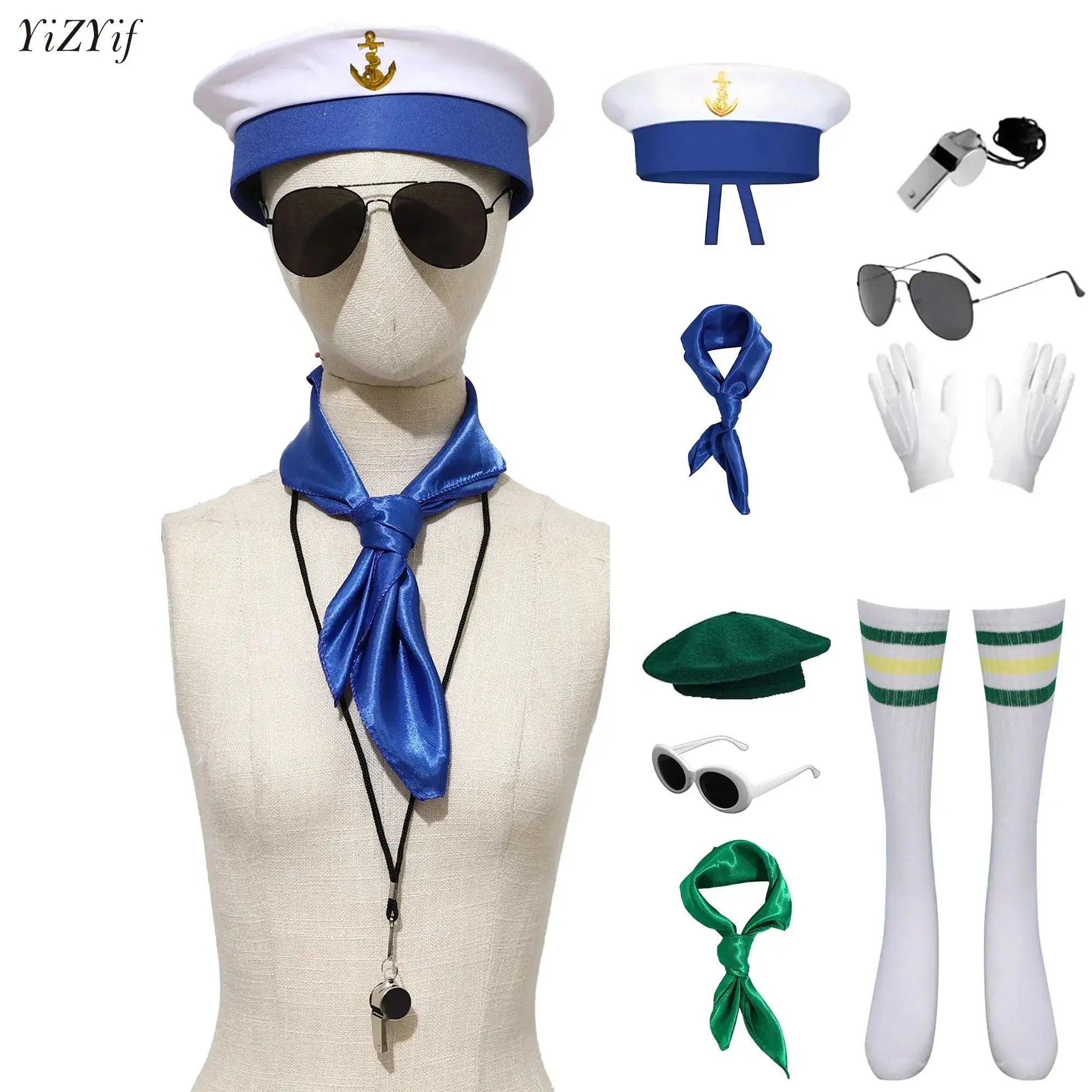 Halloween Captain Flat Top Hat Costume Sailor Outfit with Scarf, Glasses, Whistle Gloves Summer Navy Captain Role Play Accessory
Halloween Captain Flat Top Hat Costume Sailor Outfit with Scarf, Glasses, Whistle Gloves Summer Navy Captain Role Play Accessory