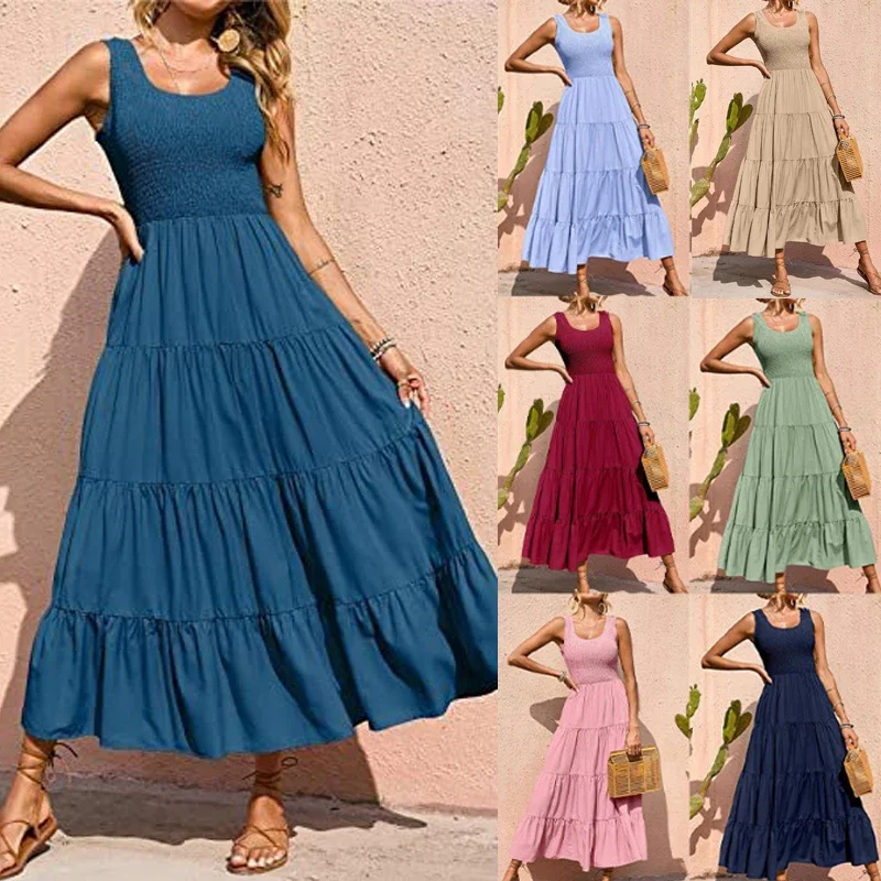 Bohemian Beach Long Dresses Women Summer New In Sleeveless Elegant Dress Female Vintage Solid Color Party Big Swing Maxi Dress
Bohemian Beach Long Dresses Women Summer New In Sleeveless Elegant Dress Female Vintage Solid Color Party Big Swing Maxi Dress