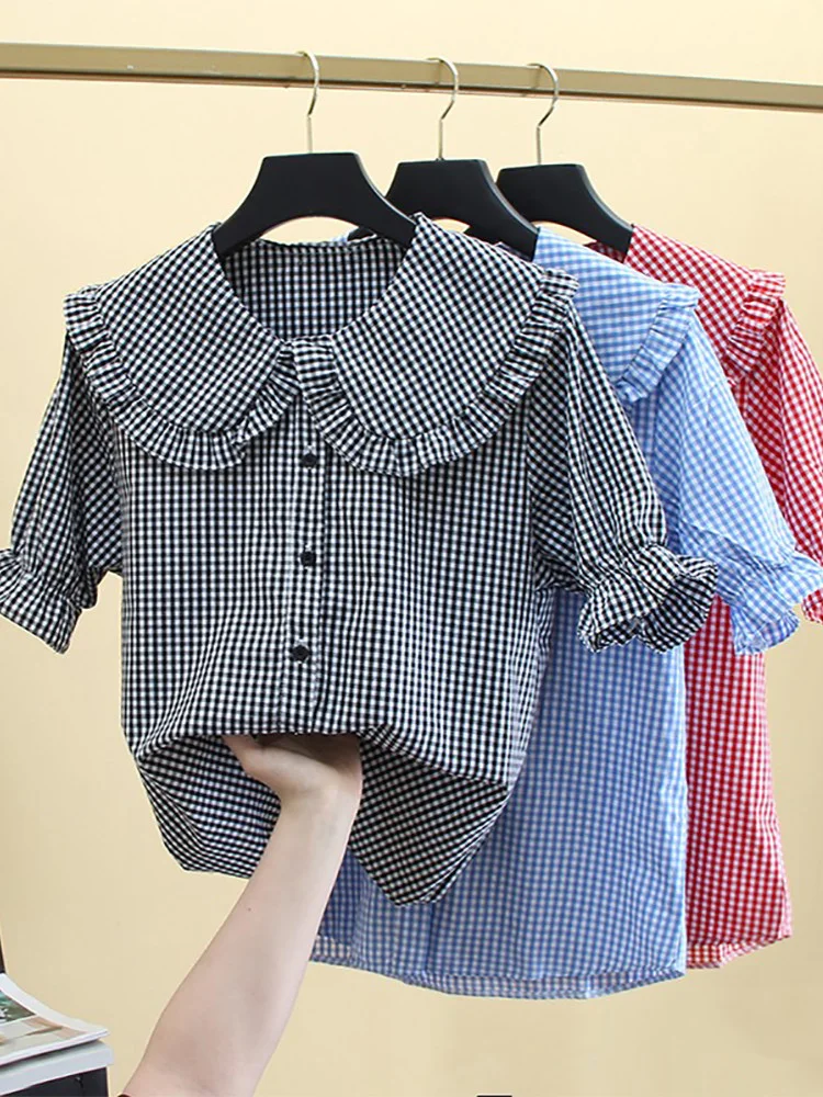 Peter Pan Collar Shirt Women's ummer Short Sleeved Versatile Checkered French Top Loose Large Size New Single Breasted Blouse
Peter Pan Collar Shirt Women's ummer Short Sleeved Versatile Checkered French Top Loose Large Size New Single Breasted Blouse