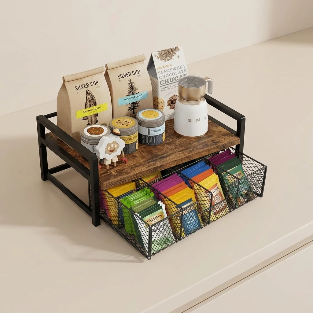 Double Layer Desktop Organizer Rack With Iron Mesh Grid Storage Basket For Coffee And Tea Packs
Double Layer Desktop Organizer Rack With Iron Mesh Grid Storage Basket For Coffee And Tea Packs