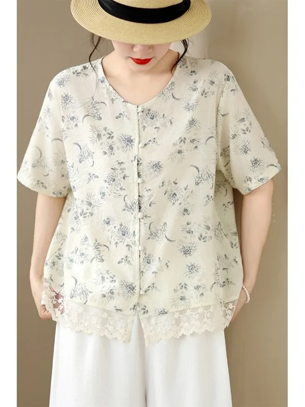 Retro Artistic Linen Print Splicing Lace Trim Elegant Open Cardigan Short Sleeve Shirt Versatile Casual Loose Fit Breathable
Retro Artistic Linen Print Splicing Lace Trim Elegant Open Cardigan Short Sleeve Shirt Versatile Casual Loose Fit Breathable