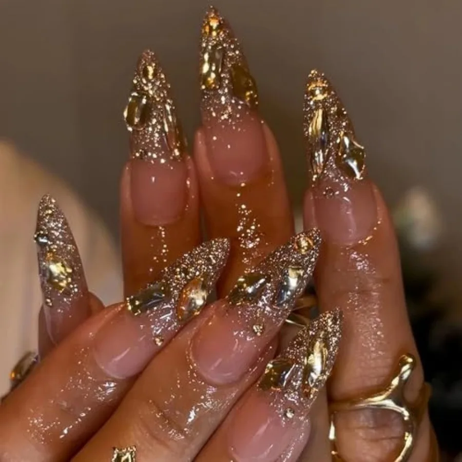 Press on Nails - Long Stiletto Fake Nails with Bling Gold Glitter, Acrylic Rhinestone Design 24 pcs
Press on Nails - Long Stiletto Fake Nails with Bling Gold Glitter, Acrylic Rhinestone Design 24 pcs