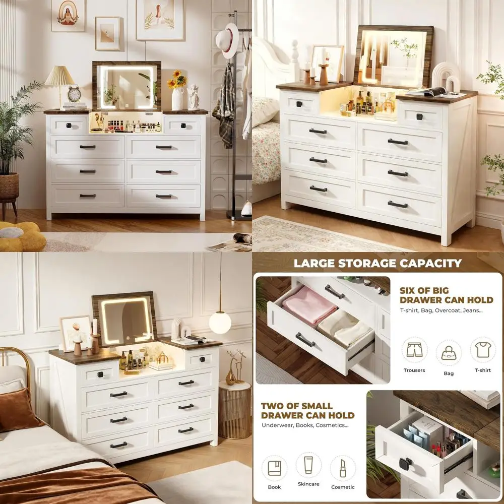 Bedroom Dressers with LED Mirror, 8 Drawer Dressers, White Dressers, Kids' Dressers, Wooden Dressers, Makeup Vanity with Storage
Bedroom Dressers with LED Mirror, 8 Drawer Dressers, White Dressers, Kids' Dressers, Wooden Dressers, Makeup Vanity with Storage