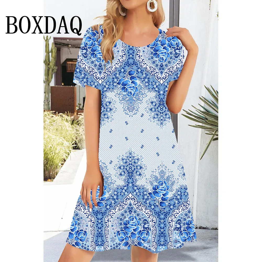 Summer New Pullover Loose A-Line Dress Women Fashion Floral Blue Print Dress Sundress Casual O-Neck Short Sleeve Mini Dress 2024
Summer New Pullover Loose A-Line Dress Women Fashion Floral Blue Print Dress Sundress Casual O-Neck Short Sleeve Mini Dress 2024