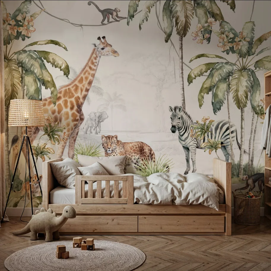 Custom sized mural watercolor jungle scene, giraffe, zebra, leopard, monkey palm tree wallpaper for children's room 3d wallpaper
Custom sized mural watercolor jungle scene, giraffe, zebra, leopard, monkey palm tree wallpaper for children's room 3d wallpaper