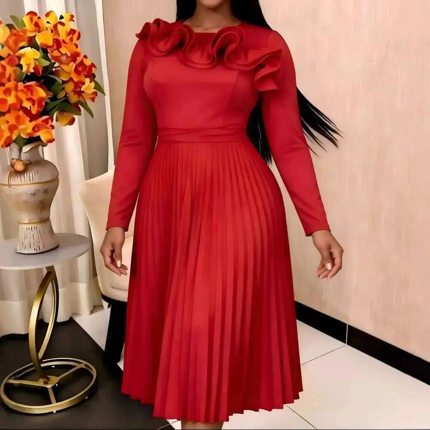 New Plus-size Solid Color Mid-length Pleated Dress With Ruffle Collar, Long Sleeves, And Round Neck, Elegant Dress
New Plus-size Solid Color Mid-length Pleated Dress With Ruffle Collar, Long Sleeves, And Round Neck, Elegant Dress
