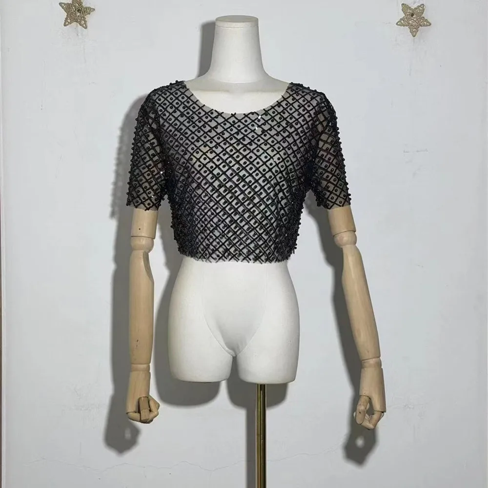 Sexy Mesh Beaded Sequin Short Sleeve Crop Top Hot Party Club Sheer Plaid T-shirt Silver Gold 2025 street Top Fashion
Sexy Mesh Beaded Sequin Short Sleeve Crop Top Hot Party Club Sheer Plaid T-shirt Silver Gold 2025 street Top Fashion