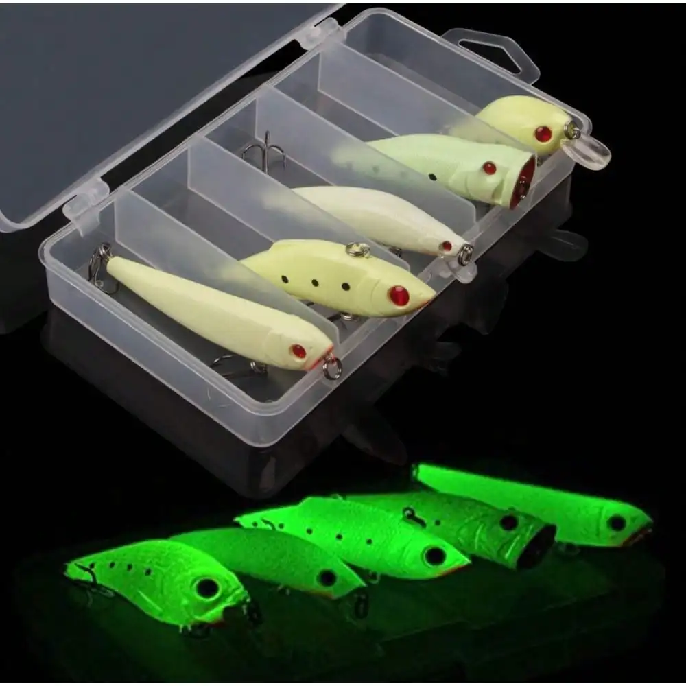 5pcs Glow Fishing Lures Kit Luminous VIB Popper Crank Minnow Pencil Bait Hooks
5pcs Glow Fishing Lures Kit Luminous VIB Popper Crank Minnow Pencil Bait Hooks