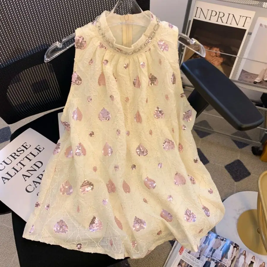 Women Tops Summer New High-end Designed Advanced Temperature Niche Chic Sequin Rhinestone Halter Sleeveless Chiffon Shirt Top 
Women Tops Summer New High-end Designed Advanced Temperature Niche Chic Sequin Rhinestone Halter Sleeveless Chiffon Shirt Top