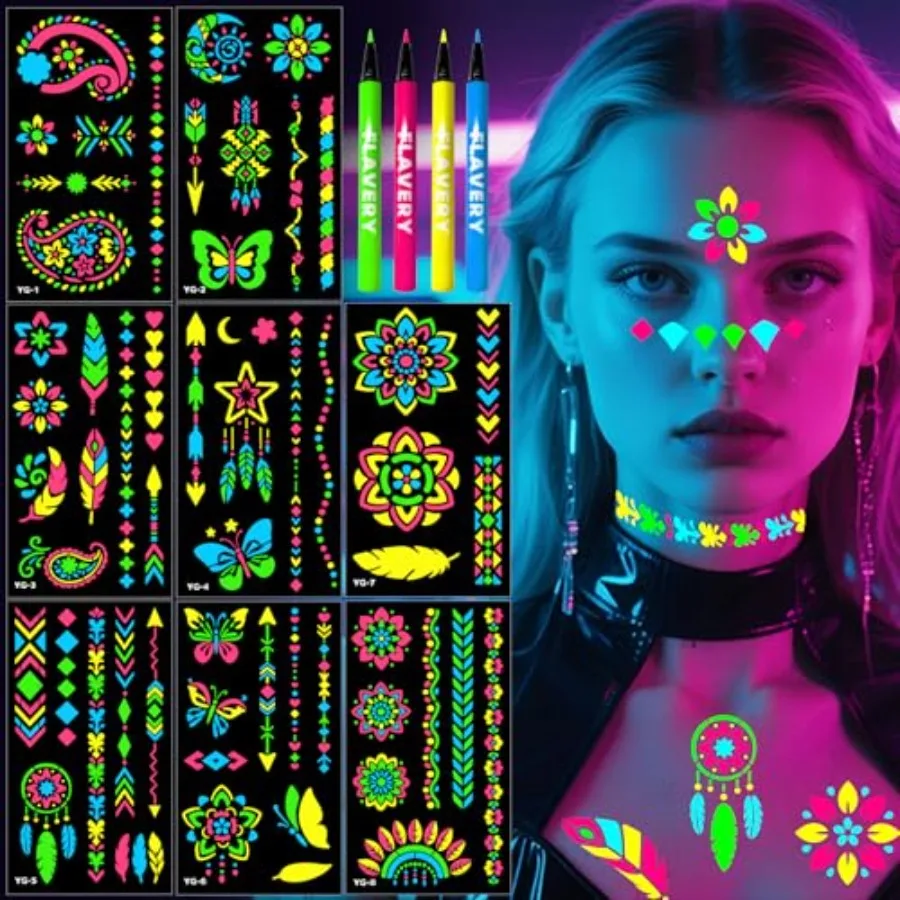Glow in the Dark Temporary Tattoo Markers for Face Paint, 4 Color Neon Body Paint Markers+57PCS Flower Stencils, UV Blacklight
Glow in the Dark Temporary Tattoo Markers for Face Paint, 4 Color Neon Body Paint Markers+57PCS Flower Stencils, UV Blacklight