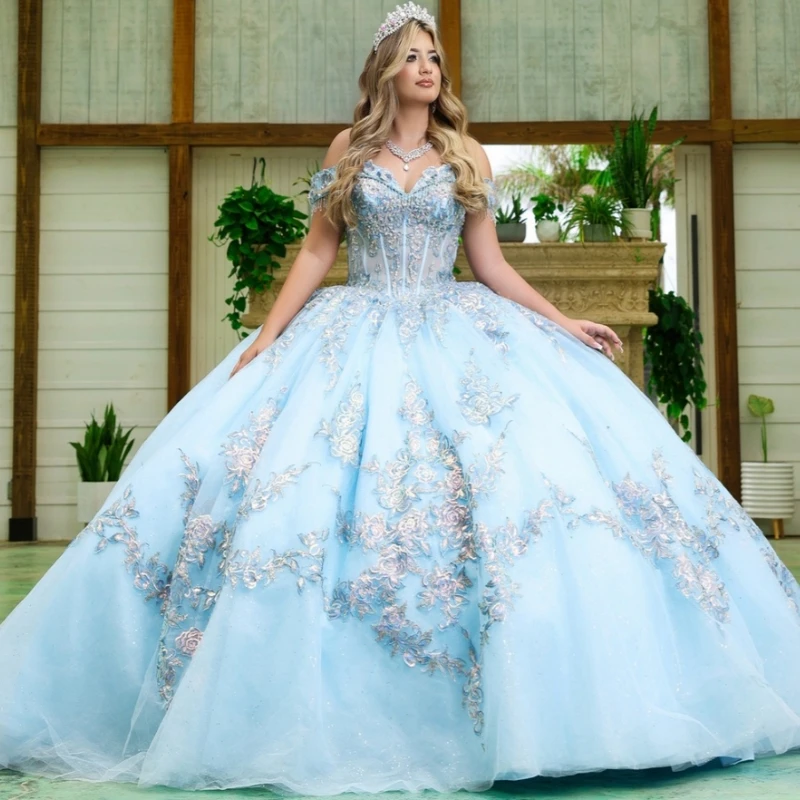 Sky Blue Shiny Quinceanera Dresses Off The Shoulder Applique Lace Beading Crystal Tull Party Birthday Sweet 16 Dress Vestidos 15
Sky Blue Shiny Quinceanera Dresses Off The Shoulder Applique Lace Beading Crystal Tull Party Birthday Sweet 16 Dress Vestidos 15
