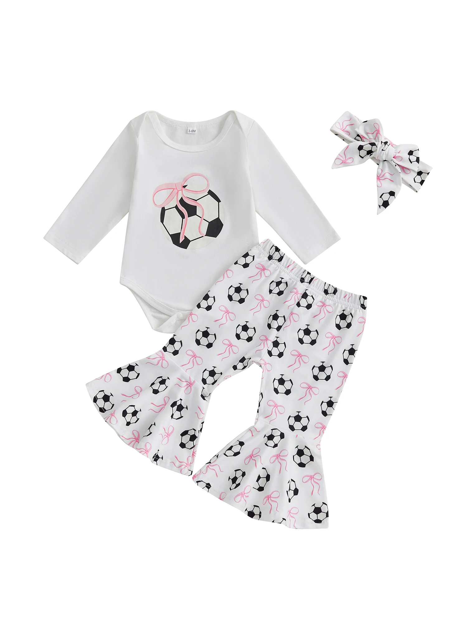 Adorable Baby Girl Soccer Outfit with Football Bow Print Long Sleeve Romper Flare Pants and Bow Headband - Stylish 3-Piece
Adorable Baby Girl Soccer Outfit with Football Bow Print Long Sleeve Romper Flare Pants and Bow Headband - Stylish 3-Piece