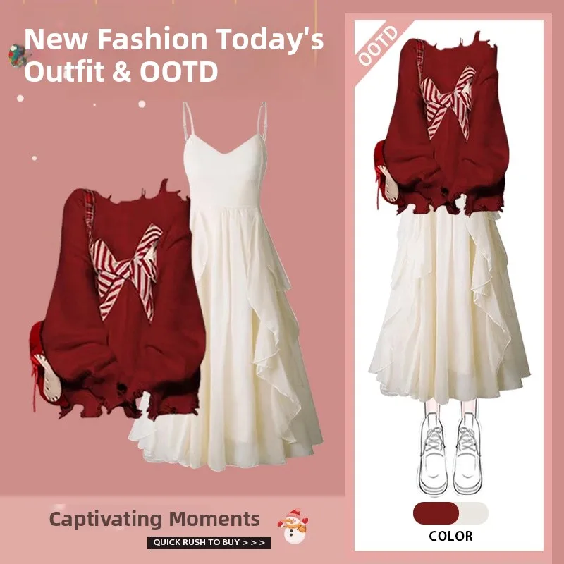 Autumn Winter New Year Knitted Sweater Waist Cinched Dr Two Piece Set Women's Red Faionable Ensemble round Ne Long Sve
Autumn Winter New Year Knitted Sweater Waist Cinched Dr Two Piece Set Women's Red Faionable Ensemble round Ne Long Sve