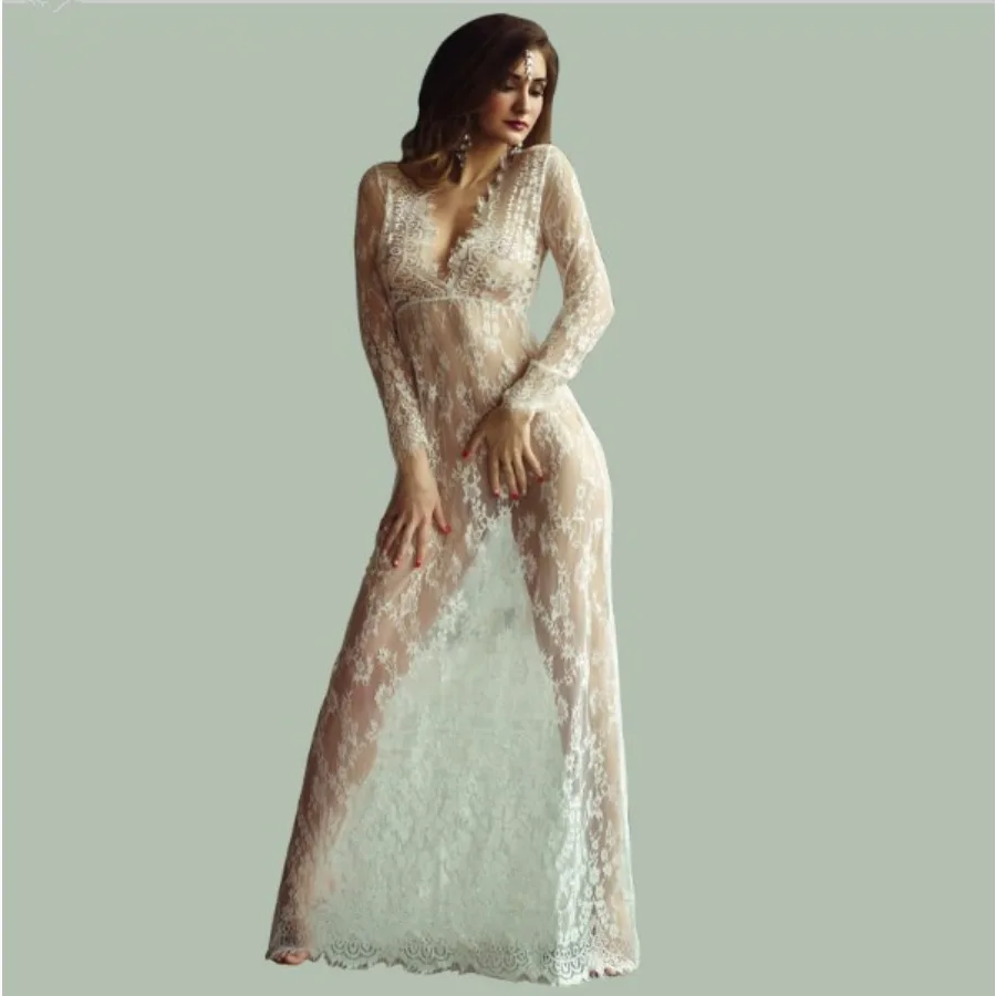 【New style】 hot sale sexy deep V-neck long sleeve lace perspective tight trailing long dress quality
【New style】 hot sale sexy deep V-neck long sleeve lace perspective tight trailing long dress quality