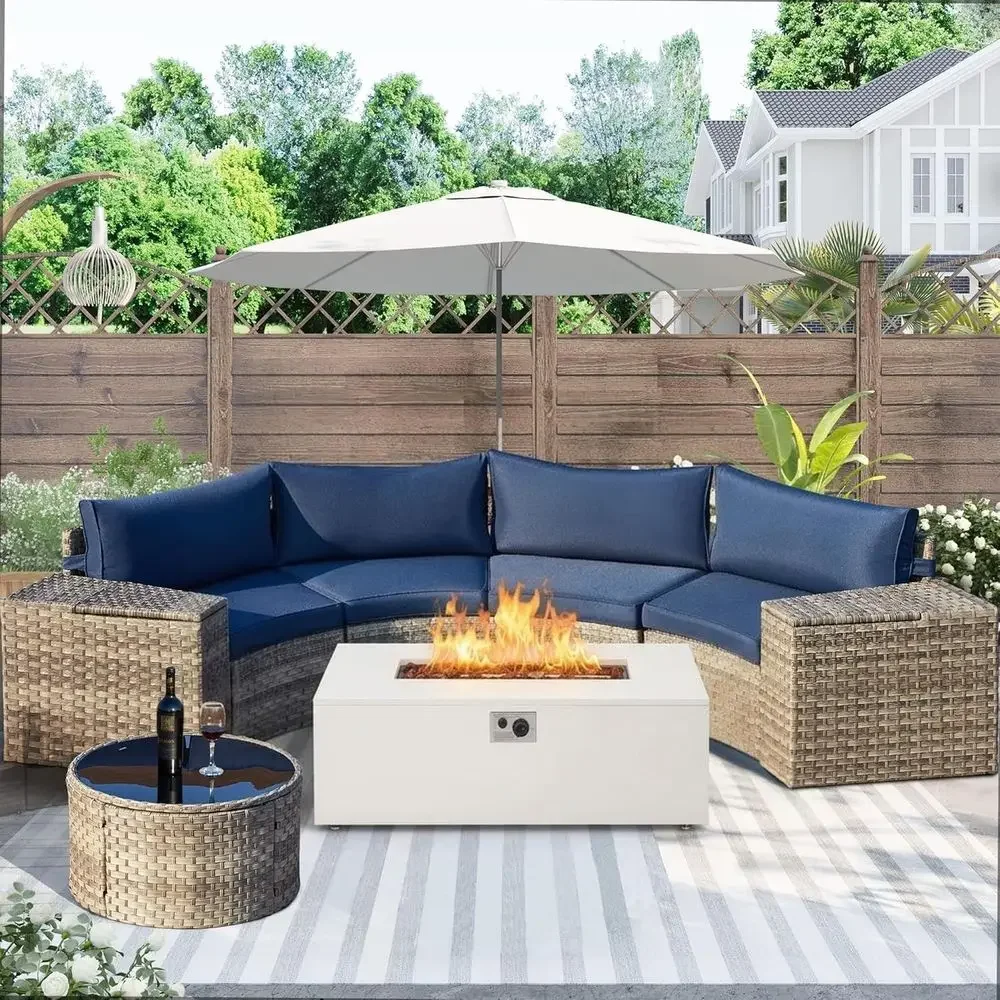 8-Piece Curved Patio Furniture Set with Fire Pit, Wicker Rattan Sectional Sofa, Outdoor Garden Conversation Area (Blue, White)
8-Piece Curved Patio Furniture Set with Fire Pit, Wicker Rattan Sectional Sofa, Outdoor Garden Conversation Area (Blue, White)