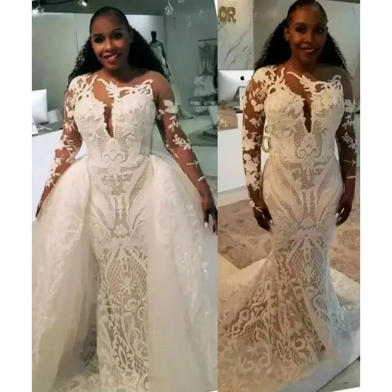Customized Modest Plus Size Mermaid Dresses Detachable Train 2024 Long Sleeve Sparkly Lace Applique African Garden Wedding Gown 
Customized Modest Plus Size Mermaid Dresses Detachable Train 2024 Long Sleeve Sparkly Lace Applique African Garden Wedding Gown