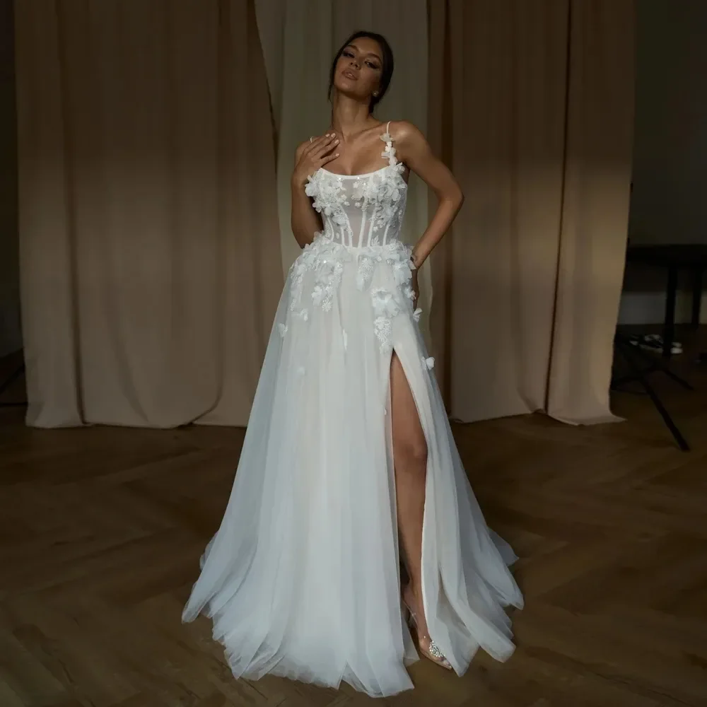 Elegant A Line Wedding Dresses Spaghetti Straps Applique Flowers Bridal Bride Growns Front Slit Illusion Vestidos De Novia
Elegant A Line Wedding Dresses Spaghetti Straps Applique Flowers Bridal Bride Growns Front Slit Illusion Vestidos De Novia