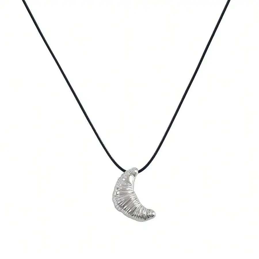 Long Black Cord Necklace with Textured Silver Crescent Pendant, Casual Y2K Style
Long Black Cord Necklace with Textured Silver Crescent Pendant, Casual Y2K Style