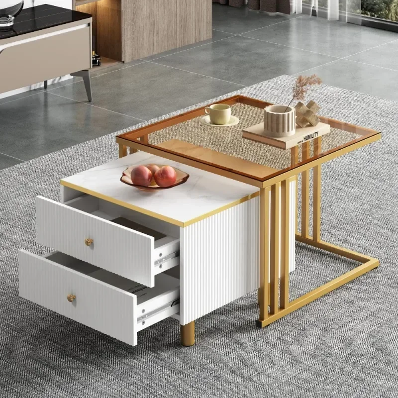 Eleganter 2-teiliger Couchtisch, quadratischer Tisch in braunem Glas und Marmoroptik, 59,5x60x45,6cm +50x50x40cm, 2 Schubladen,
Eleganter 2-teiliger Couchtisch, quadratischer Tisch in braunem Glas und Marmoroptik, 59,5x60x45,6cm +50x50x40cm, 2 Schubladen,