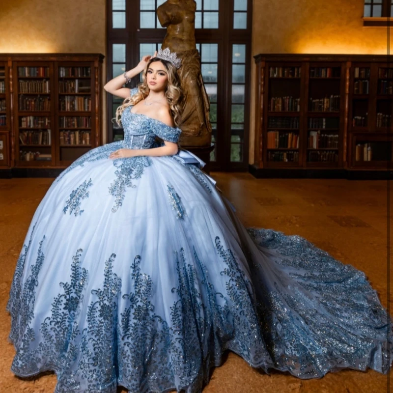 Blue Shiny Quinceanera Dresses Ball Gown Off The Shoulder Sequin Applique Lace Beading Crystal Bow Corset Tull Sweet 16 Dress
Blue Shiny Quinceanera Dresses Ball Gown Off The Shoulder Sequin Applique Lace Beading Crystal Bow Corset Tull Sweet 16 Dress
