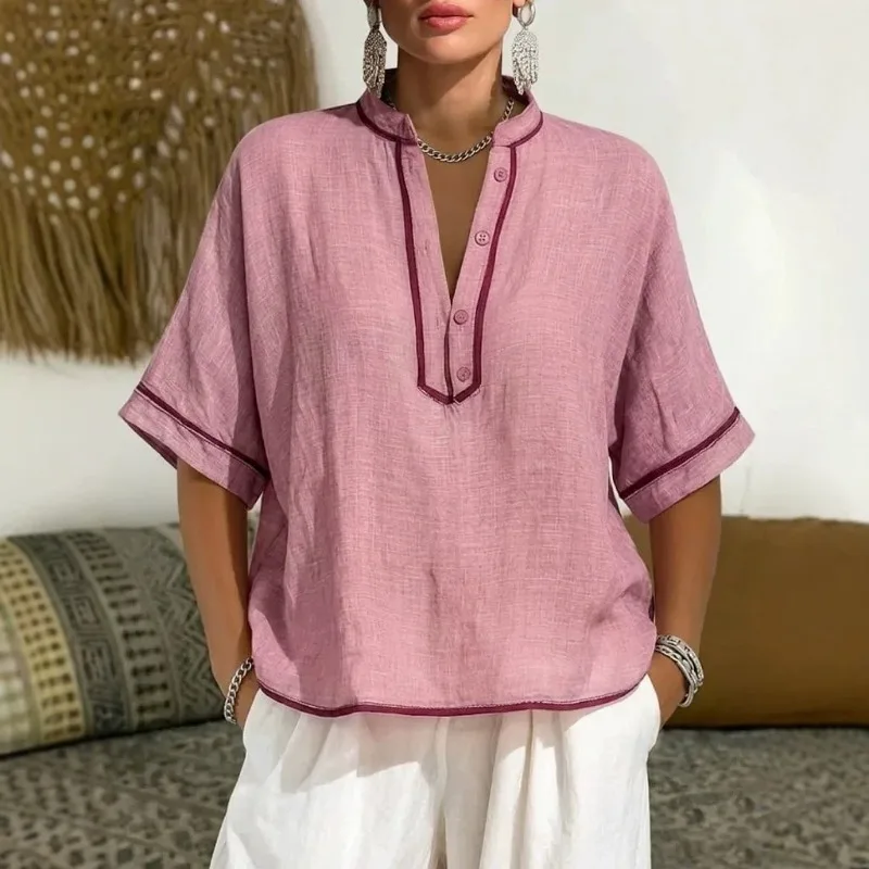 Women Casual Linen Blend Blouse Contrast Color Trim V Neck Half Sleeve Loose Tunic Tops For Summer
Women Casual Linen Blend Blouse Contrast Color Trim V Neck Half Sleeve Loose Tunic Tops For Summer