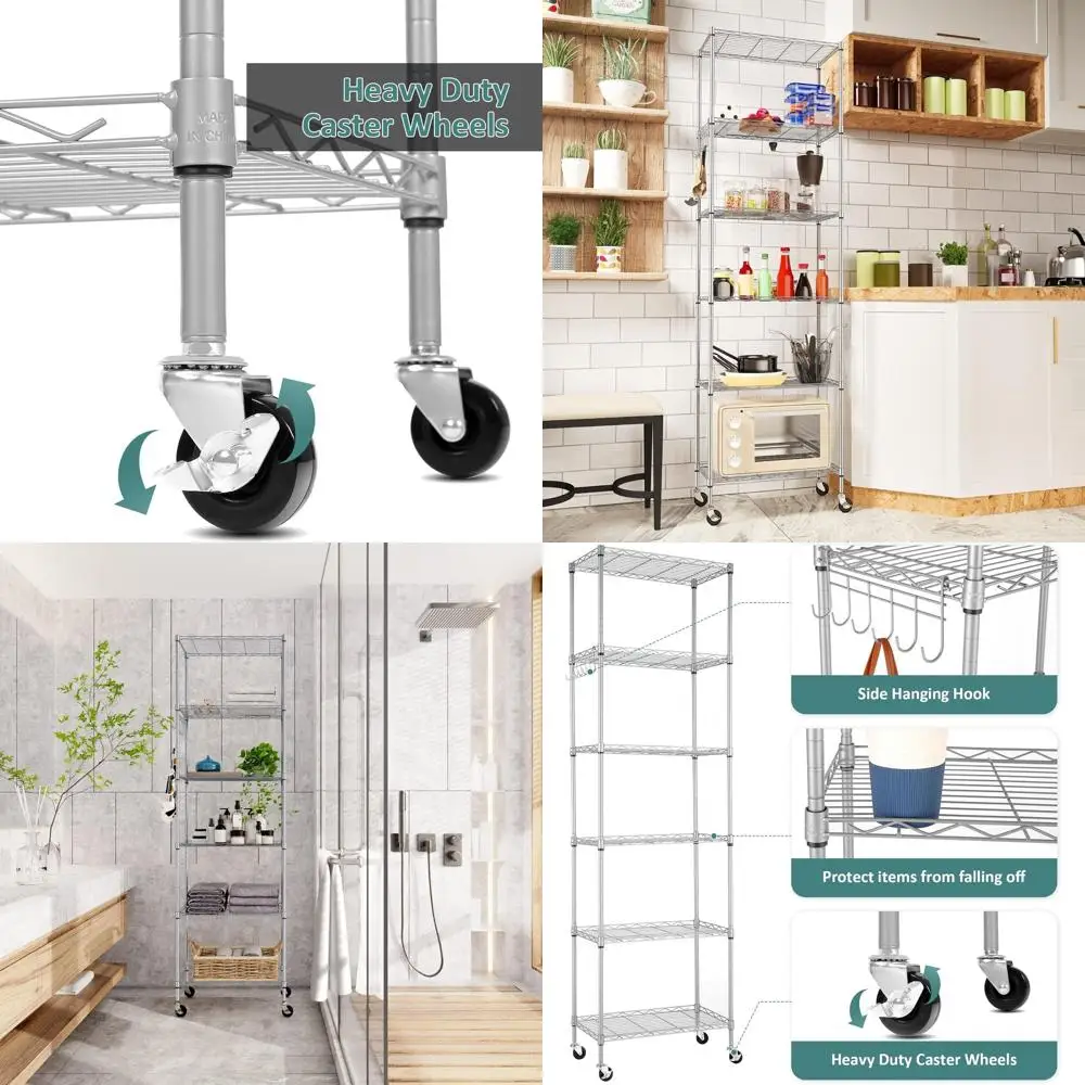 6-Tier Wire Shelving Unit with Casters, Stainless Hooks, Silver Gray | Rack Organization
6-Tier Wire Shelving Unit with Casters, Stainless Hooks, Silver Gray | Rack Organization