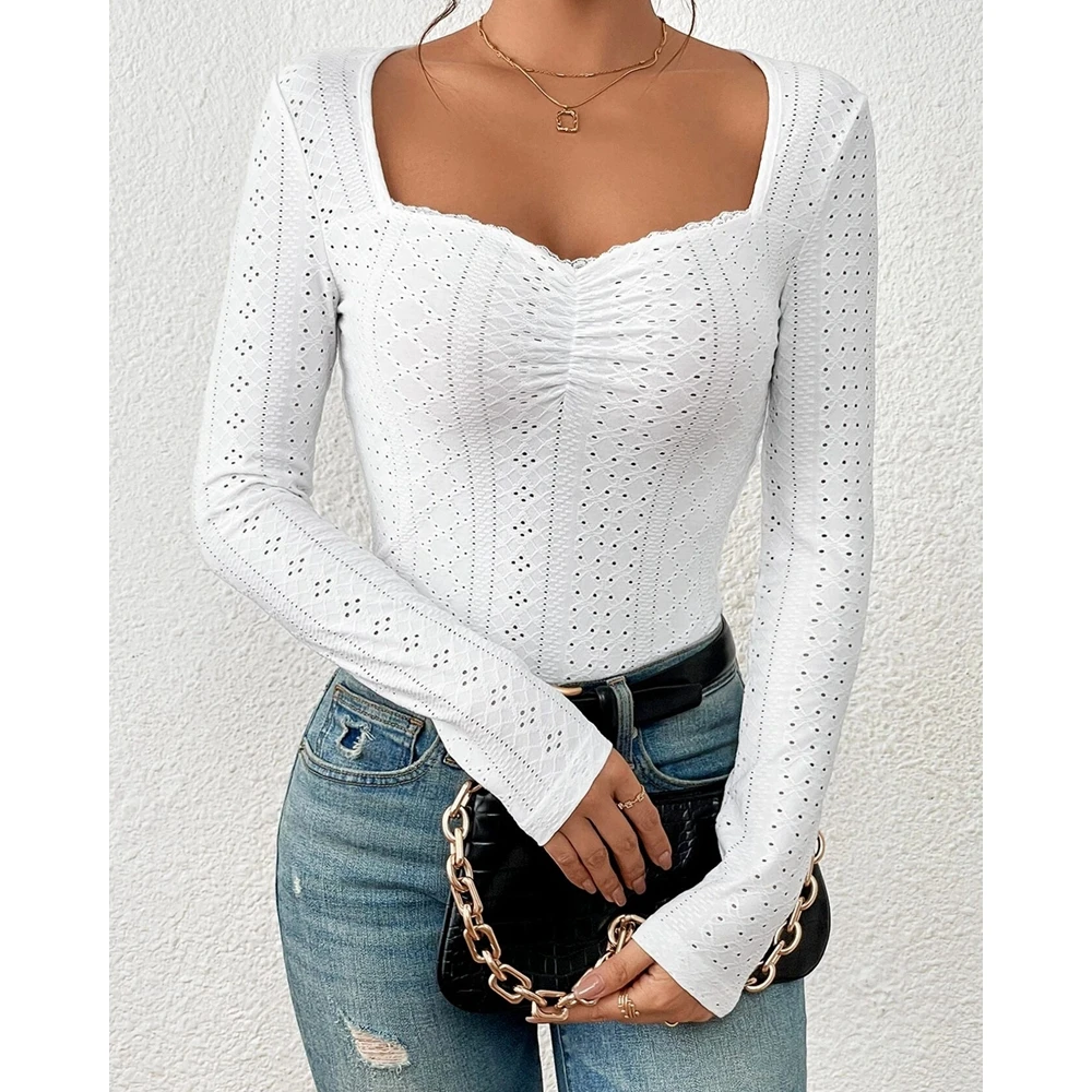 Fashion Hollow Out Contrast Lace V Neck Design Long Sleeve Blouse Spring Femme Casual Shirts Office for Women
Fashion Hollow Out Contrast Lace V Neck Design Long Sleeve Blouse Spring Femme Casual Shirts Office for Women
