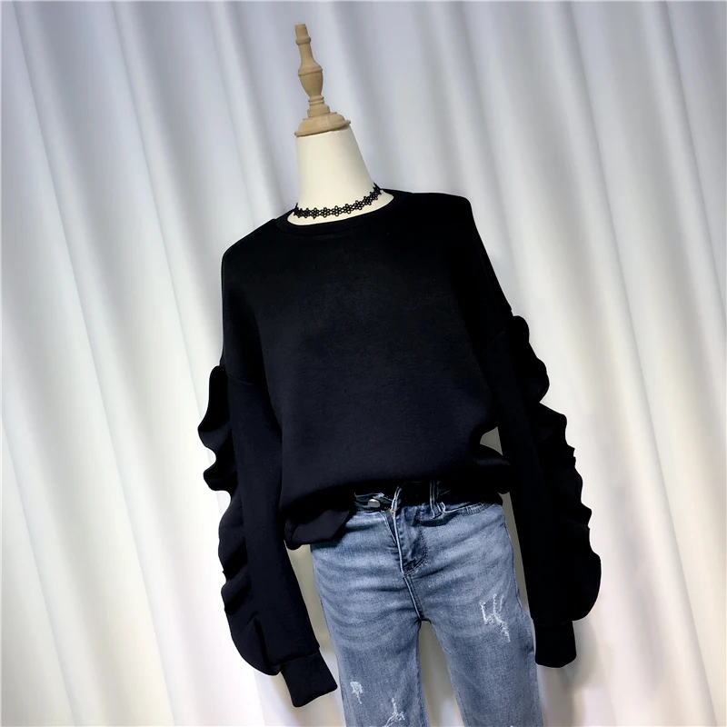 Women's Cotton Ruffles Sweatshirts, O-Neck, Long-Sleeved, Loose, Elegant Lady Pulls, Monochromatic Outwear Tops, Black, 2022
Women's Cotton Ruffles Sweatshirts, O-Neck, Long-Sleeved, Loose, Elegant Lady Pulls, Monochromatic Outwear Tops, Black, 2022
