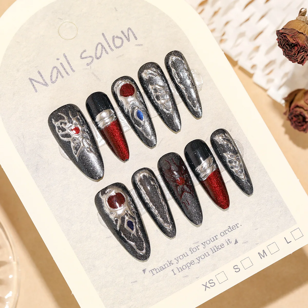 10pcs Handmade Long False Nail Tips Dark Gothic Series Spicy Girl Style Nail Patch Red Black Punk Y2k Cool Art Fake Nails
10pcs Handmade Long False Nail Tips Dark Gothic Series Spicy Girl Style Nail Patch Red Black Punk Y2k Cool Art Fake Nails