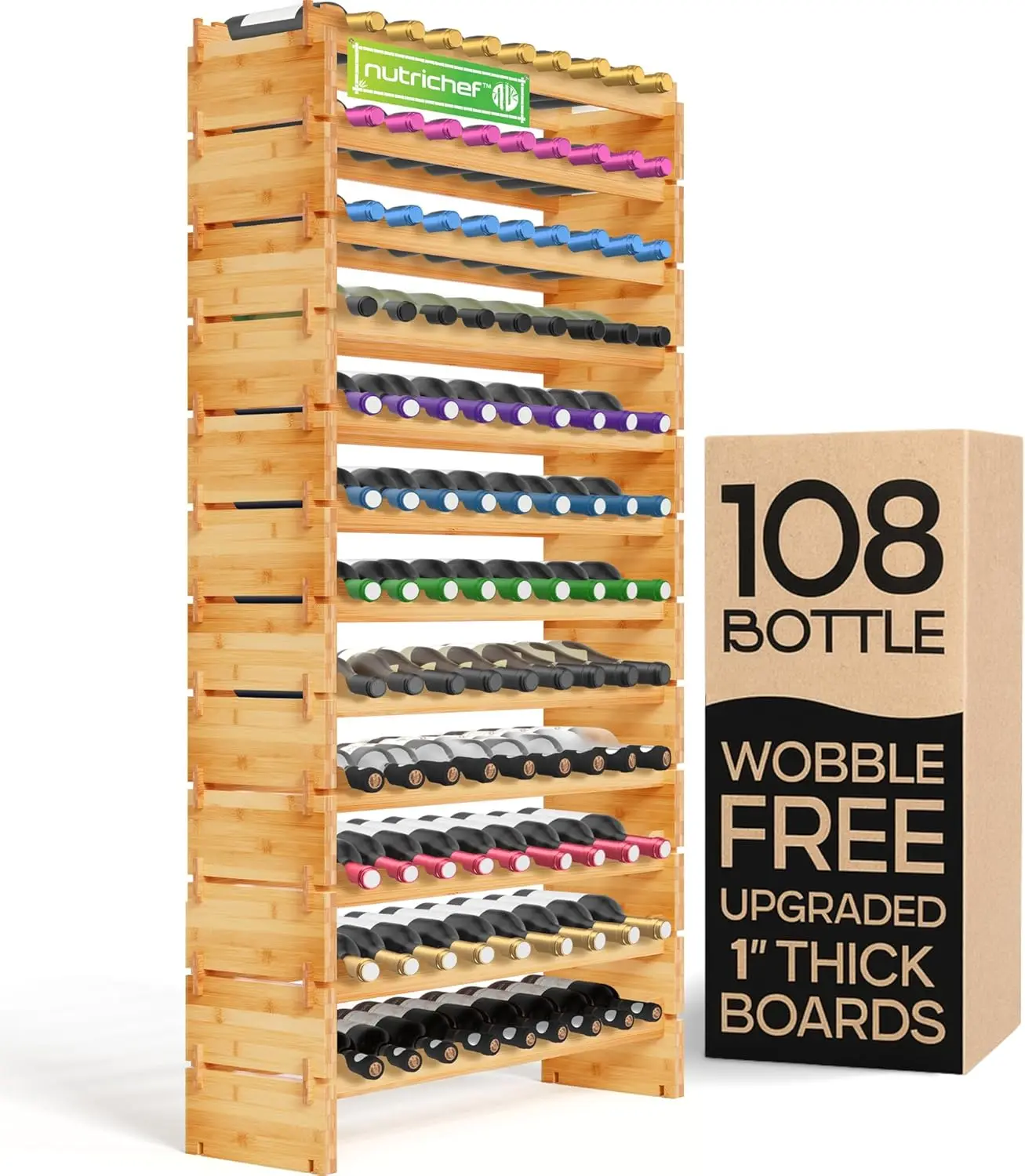 Stackable Bamboo Wine Rack, 108 Bottle Capacity, No-Tool Assembly for Kitchen Bar Storage