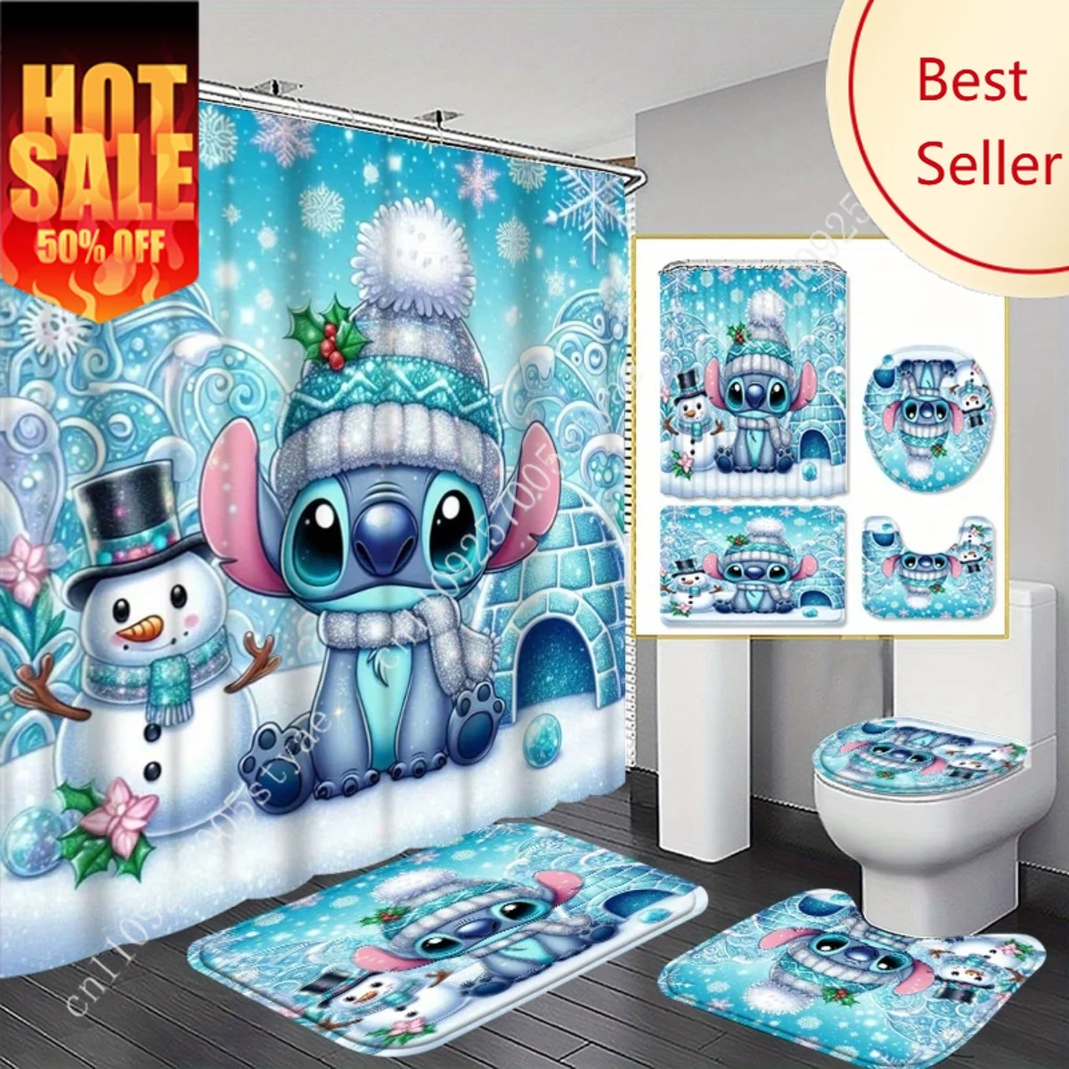 Stitch Snowman Shower Curtain Set Disney Cartoon Decoration Gifts Anti-slip Floor Mats Toilet Seat Cover Winter-Themed 4pcs set
Stitch Snowman Shower Curtain Set Disney Cartoon Decoration Gifts Anti-slip Floor Mats Toilet Seat Cover Winter-Themed 4pcs set
