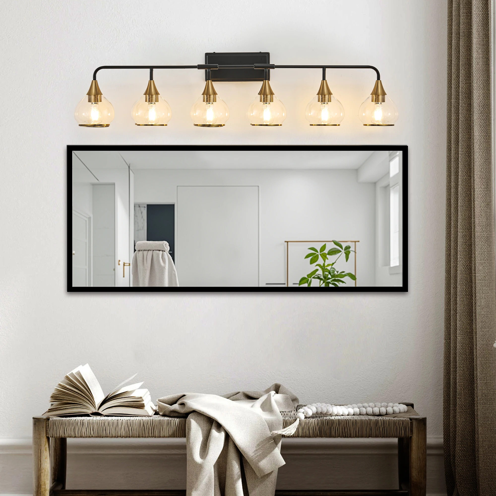 48" Modern 6-Light Vanity Wall Sconce Black and Gold Bathroom Light Fixture with Clear Glass Shades,Wall Mounted Lamp(No Bulb)
48" Modern 6-Light Vanity Wall Sconce Black and Gold Bathroom Light Fixture with Clear Glass Shades,Wall Mounted Lamp(No Bulb)