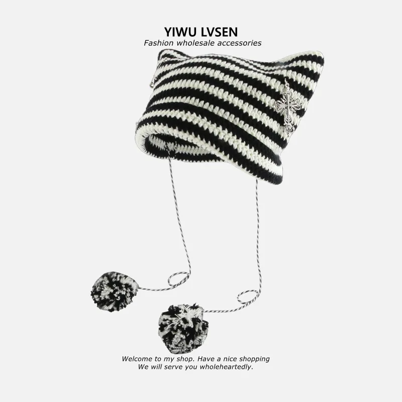 Y2k Japanese Devil's Cat Ear Beanies Women Handmade Rabbit Fur Pom-pom Striped Sweetheart Girl Knit Cap Autumn Winter Warm Hats
Y2k Japanese Devil's Cat Ear Beanies Women Handmade Rabbit Fur Pom-pom Striped Sweetheart Girl Knit Cap Autumn Winter Warm Hats